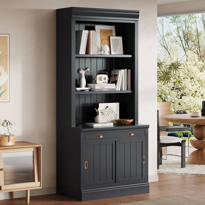 83.4" Tall Bookshelf, Modern Bookcase with Sliding Doors and Open Shelves, Storage Shelf for Living Room and Home Office - Black