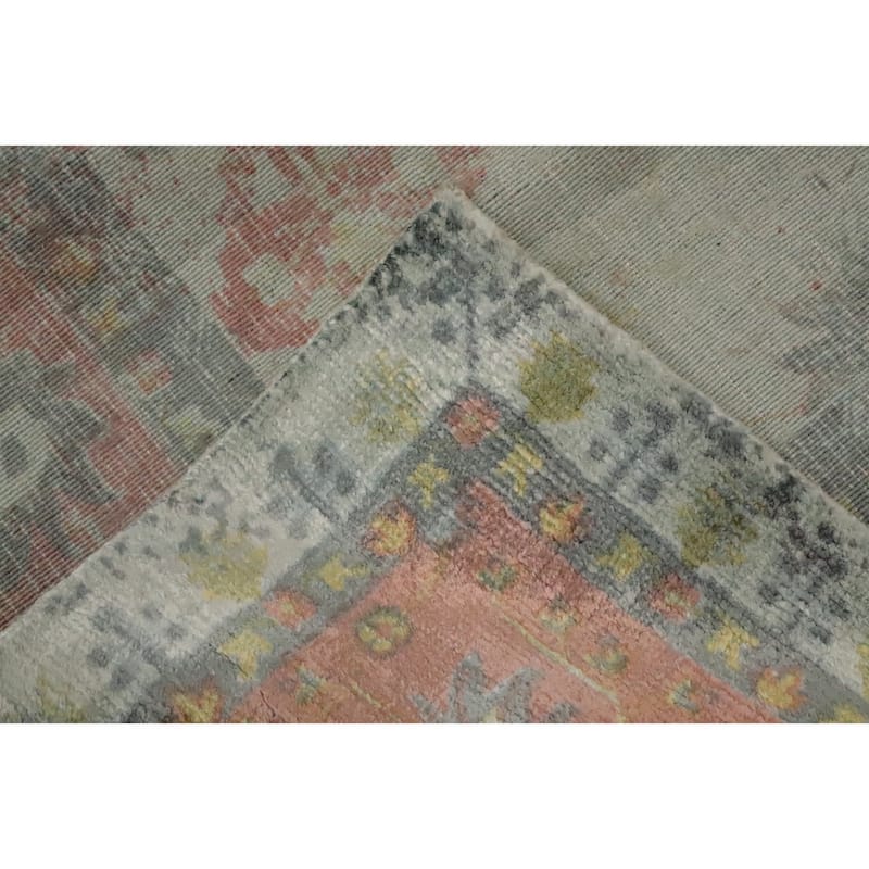 Hand Knotted Oriental Viscose Silk Carpet Transitional Floral Greys & Charcoal Oushak Area Rug - 8' 0'' X 4' 11''
