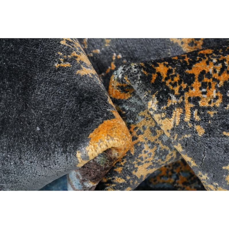 Hand Knotted Oriental Viscose Silk Carpet Modern Pictorial Navy Blue & Blues Abstract Area Rug - 7' 8'' X 5' 8''
