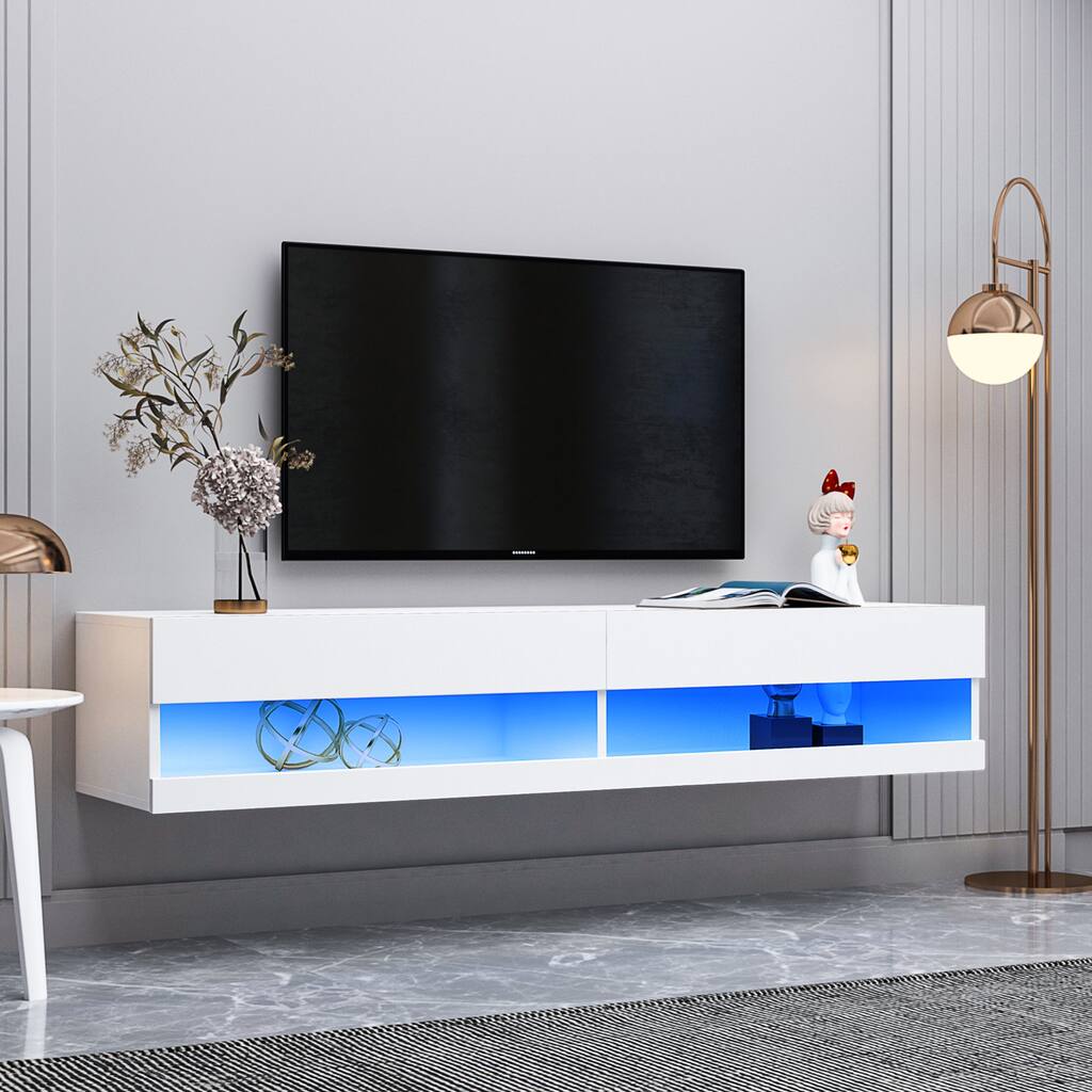 Wall-Mounted Floating Media Console with 20 Color LEDs Lights ...