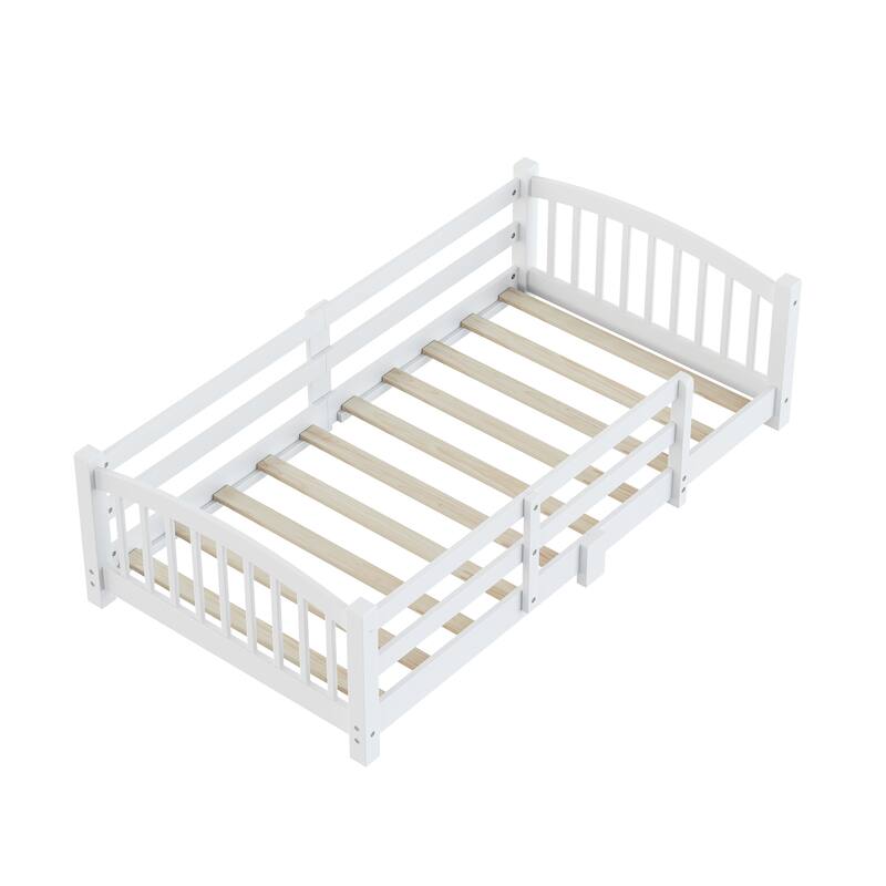 Montessori Floor Bed with Fence - Full/Twin Solid Wood, Slats & Safety Guardrails, Easy Assemble