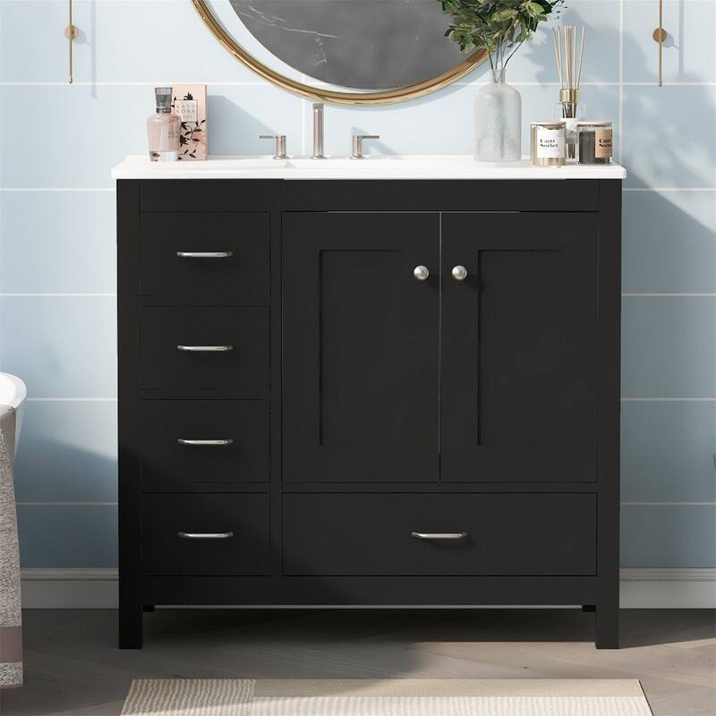 36'' Bathroom Vanity with Ceramic Sink Combo, Modern Bathroom Vanity Cabinet with 2 Soft Close Doors and 5 Storage Drawers