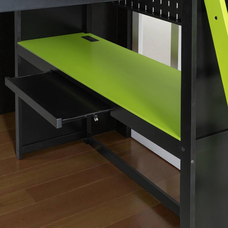 Full Size Loft Bed with Wardrobe, Desk, Shelves, Blackout Curtains & RGB Lights, Workstation with USB Port