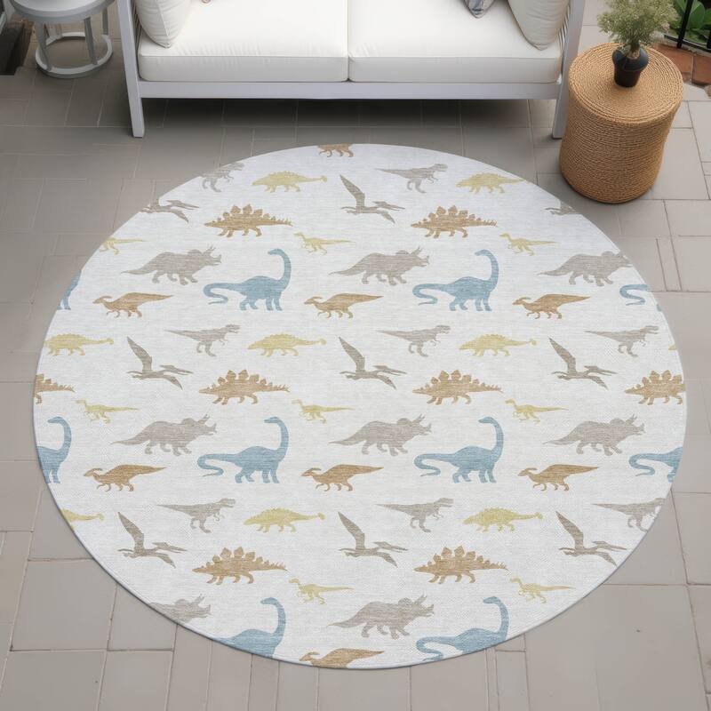 Machine Washable Indoor/ Outdoor Modern Dinosaur Chantille Rug - Ivory - 8' x 8'