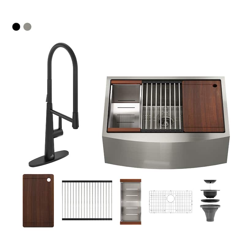 Stainless Steel Sink 30 in. Single Bowl Farmhouse Apron Kitchen Sink with Kitchen Faucet and Accessories - Black