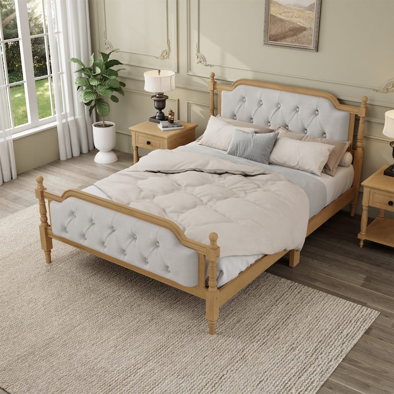 Full Size Solid Wood Bed Frame with Upholstered Tufted Headboard