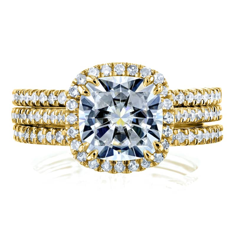 Kobelli 2.5 Carats Moissanite & Natural Diamond 14k Solid Gold Raised Cushion Halo Eternity Bands Capri 3pc Bridal Set