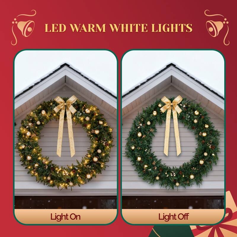 4Pre-lit Christmas Wreath with Warm White Lights and DIY Ornaments for Front Door Gate Wall Xmas Party Decorations