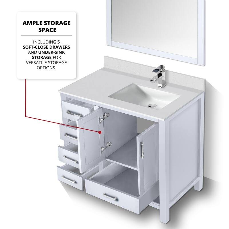 Jacques 36 in. W x 22 in. D Right Offset White Bath Vanity, Cultured Marble Top, Faucet Set, and 34 in. Mirror