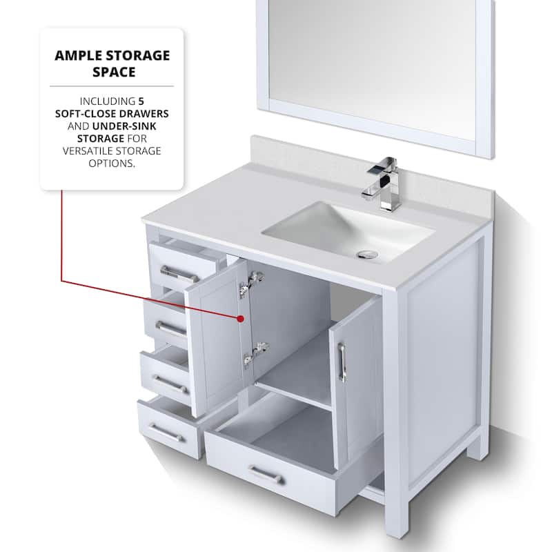 Jacques 36 in. W x 22 in. D Right Offset White Bath Vanity, Cultured Marble Top, and 34 in. Mirror