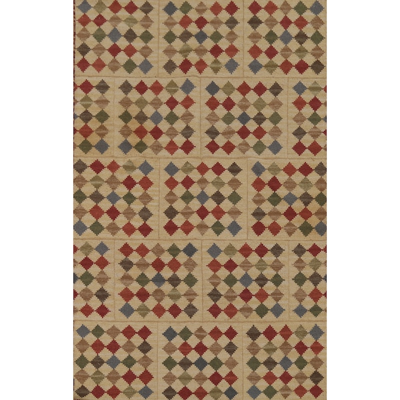 All-Over Flat Weave Geometric Kilim Indian Rug Handmade Wool Carpet - 5'0"x 7'10"