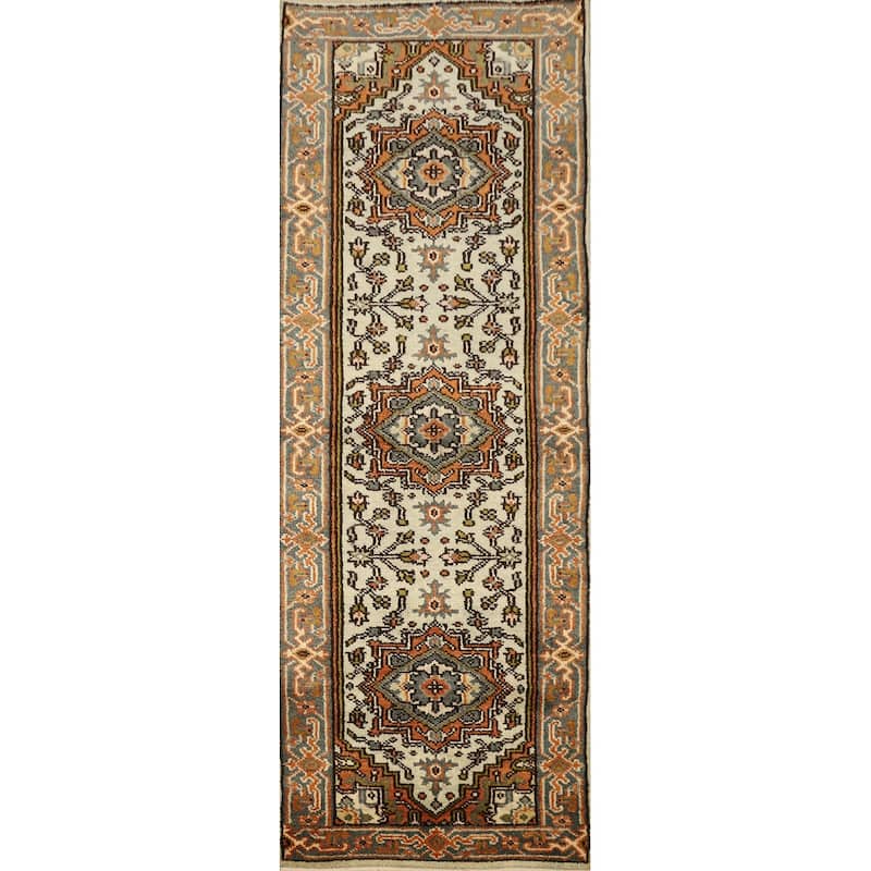 Hand Knotted Oriental 100% Wool Carpet Traditional Geometric Beige & Ivories Heriz (serapi) Runner Rug - 8' 1'' X 2' 7''