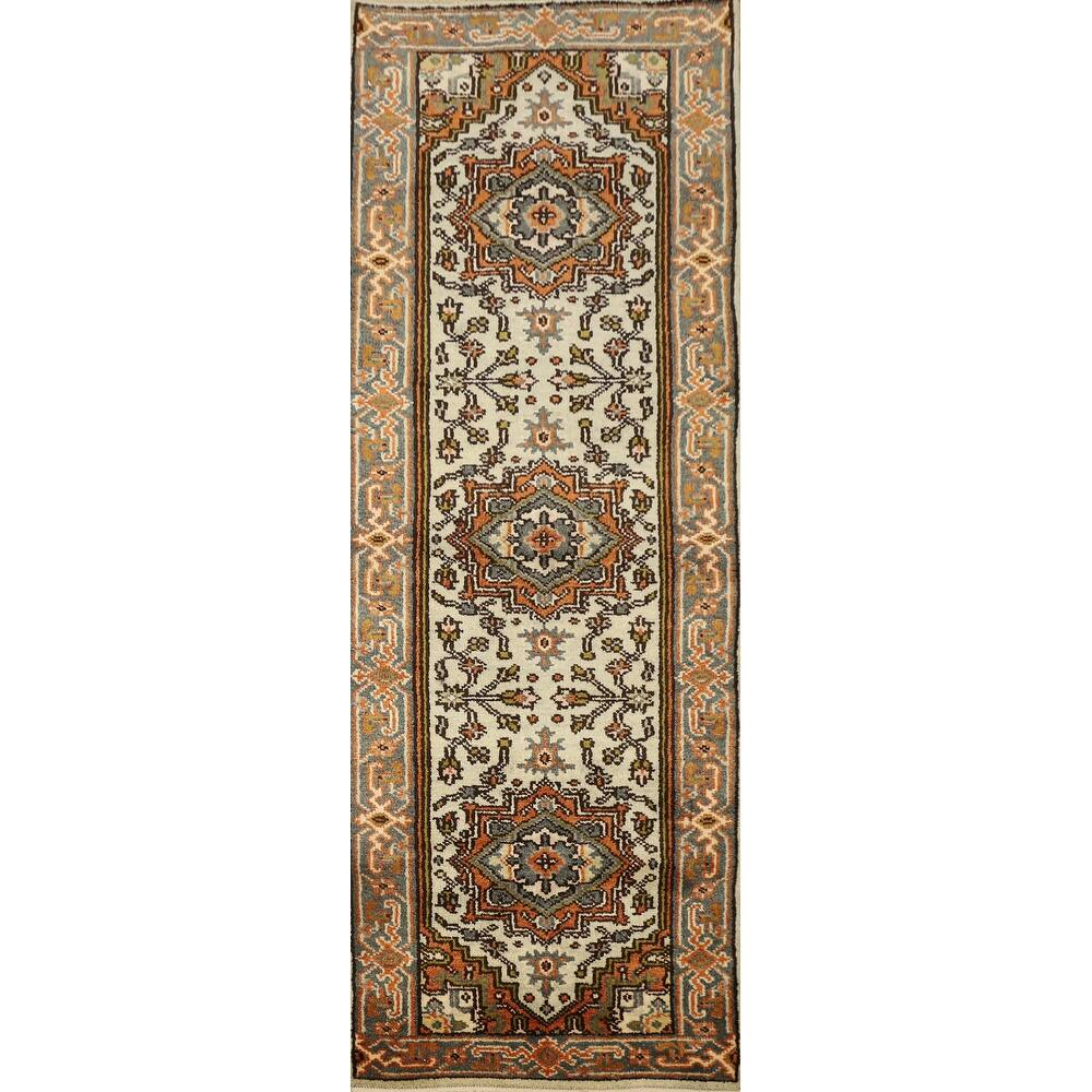 Hand Knotted Oriental 100% Wool Carpet Traditional Geometric Beige & Ivories Heriz (serapi) Runner Rug - 8' 1'' X 2' 7''