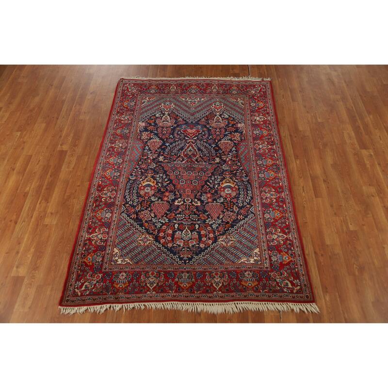 Hand Knotted Oriental 100% Wool Carpet Traditional Floral Navy Blue & Blues Isfahan Area Rug - 6' 8'' X 4' 6''