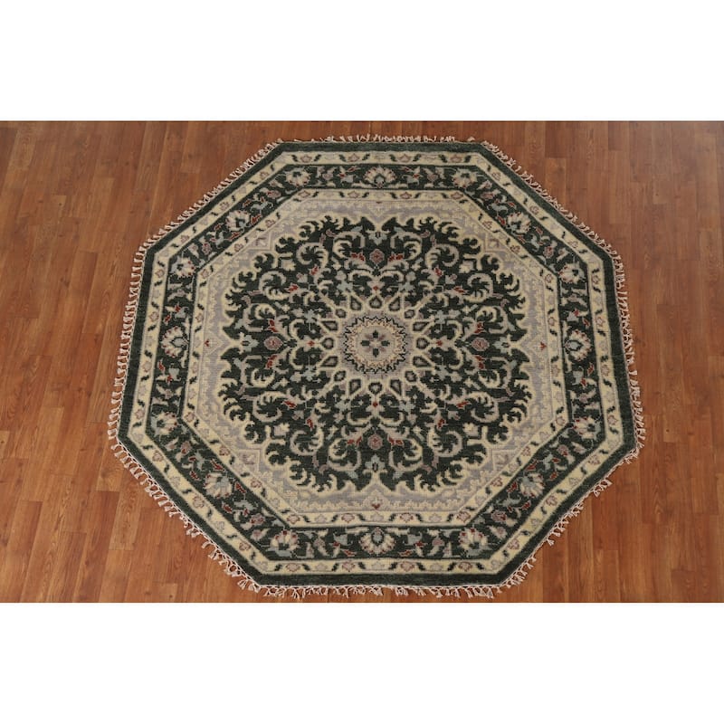 Green Heriz Serapi Indian Octagon Rug Hand-Knotted Wool Carpet - 5'11"x 5'11"