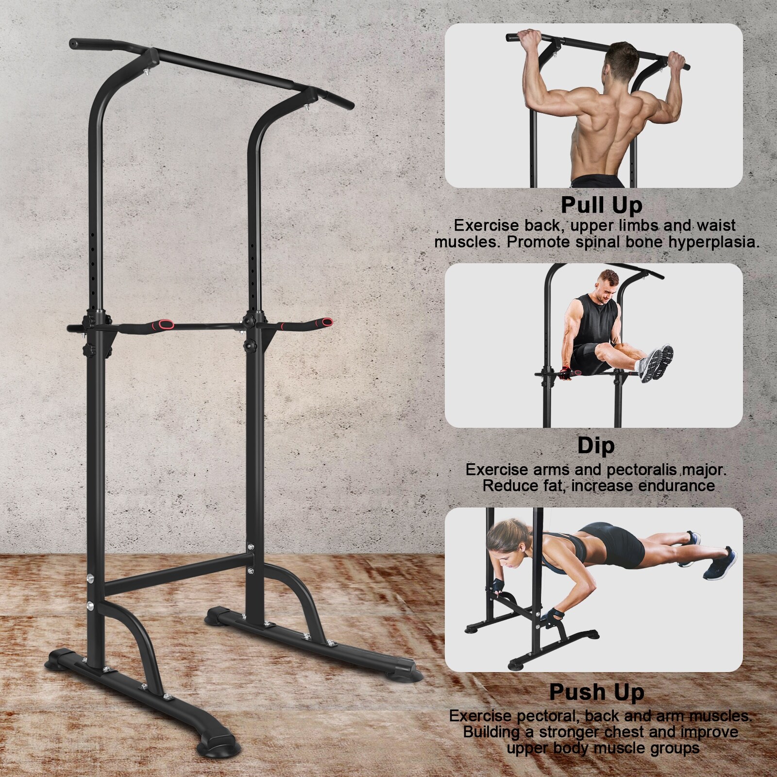 Power Tower Dip Station with Adjustable Height Pull-Up Bar for