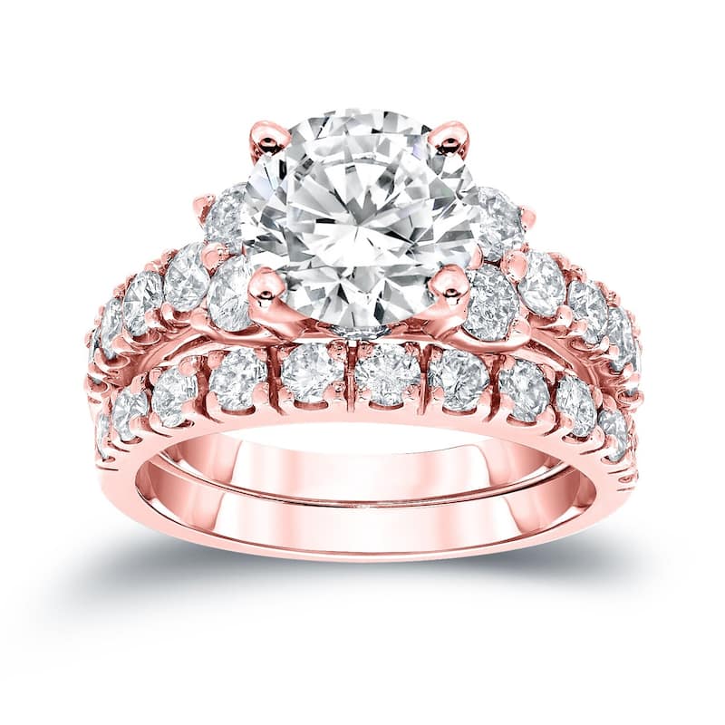 Auriya 3 1/2ctw Round Diamond Engagement Ring Set 14k Gold Certified - Rose - 4