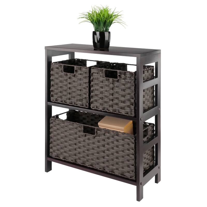 Leo 4-Pc Storage Shelf with 3 Foldable Woven Baskets, Espresso and Chocolate - 25.2 x 11.22 x 29.21 inches