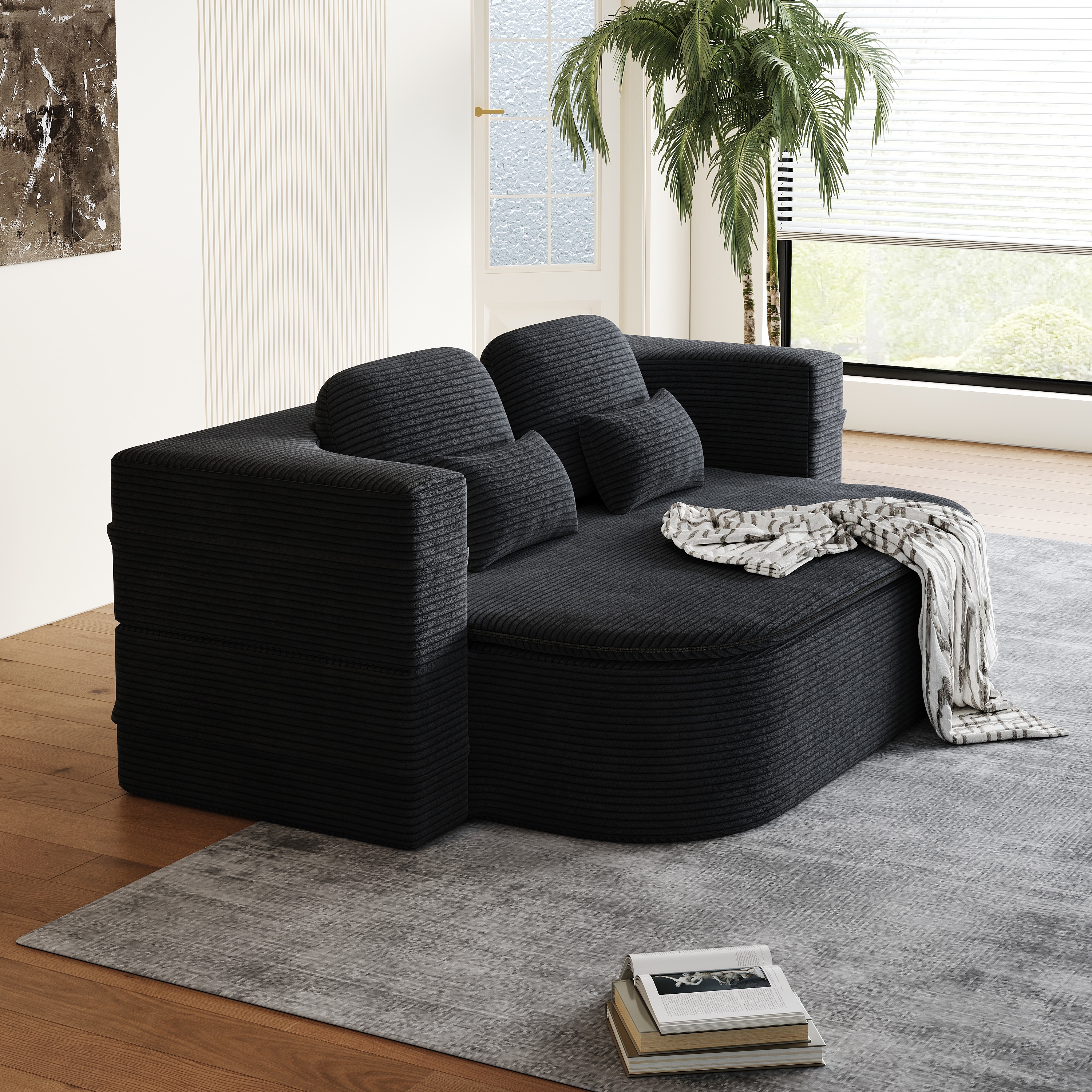 75" 2-in-1 Foldable Corduroy Sofa Bed with Blanket for Living Room