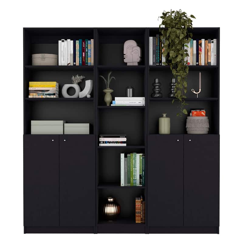 71inch Black Five Tier Bookcase with Four Doors