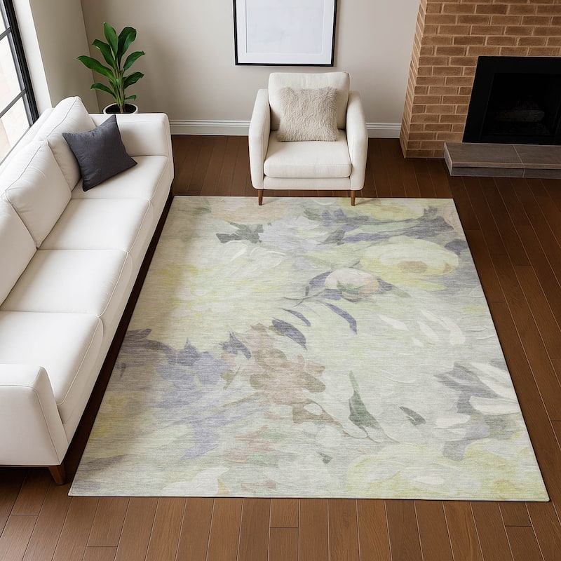Machine Washable Indoor/ Outdoor Watercolor Floral Chantille Rug