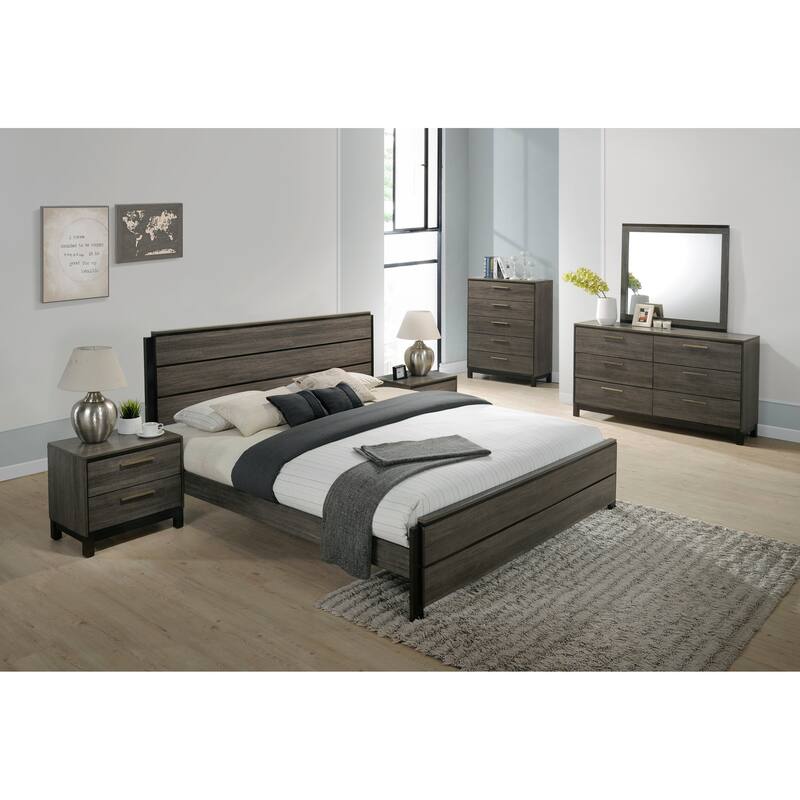 Ioana Antique Grey Wood 6-piece King Size Bedroom Set, Dresser, Mirror, 2 Night Stands , Chest - Gray
