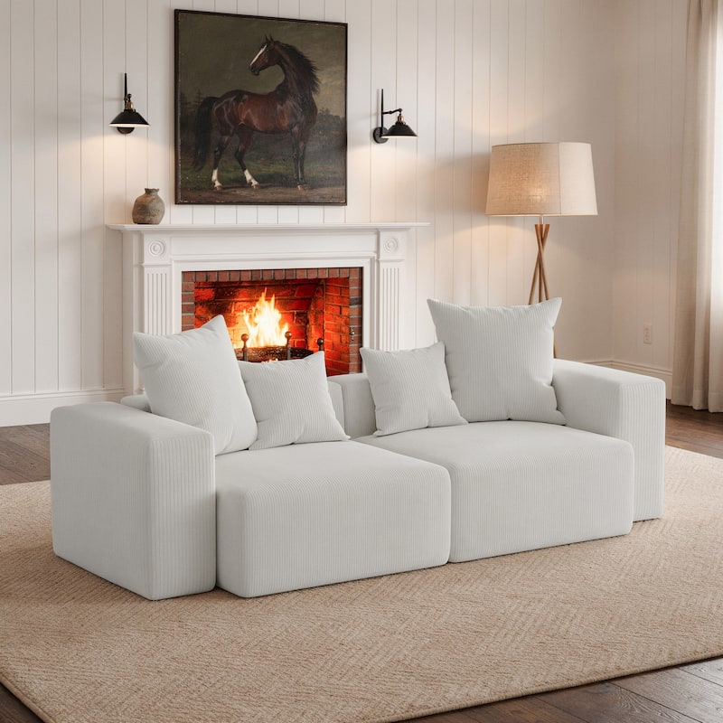 Corduroy Upholstered Modular Sectional Sofa with Ottoman - Light Grey-2 piece - Symmetrical