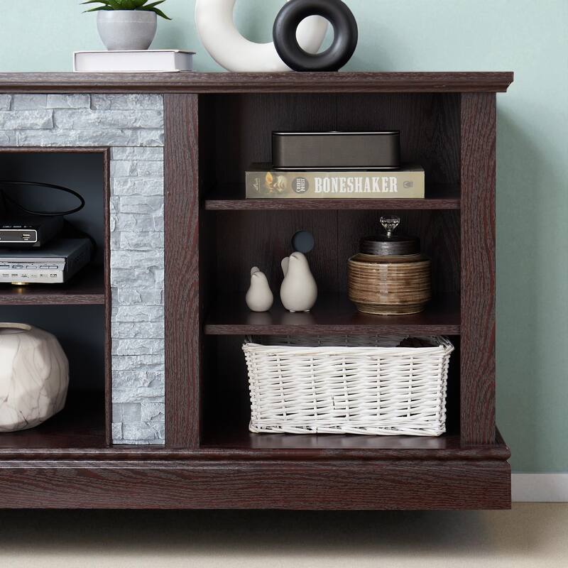 70" TV Stand with Faux Stacked Stone Surround, Modern Entertainment Console with Large Storage Cabinets