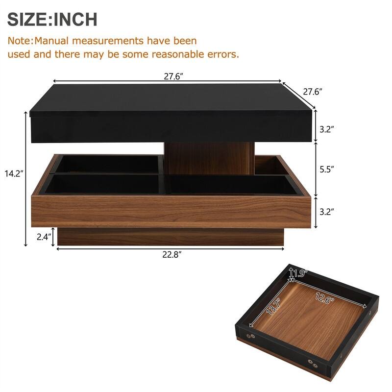 Modern Square 360° Rotating Coffee Table with 3 Detachable Tray, 2-Tier Center Table Cocktail Table with Storage for Living Room