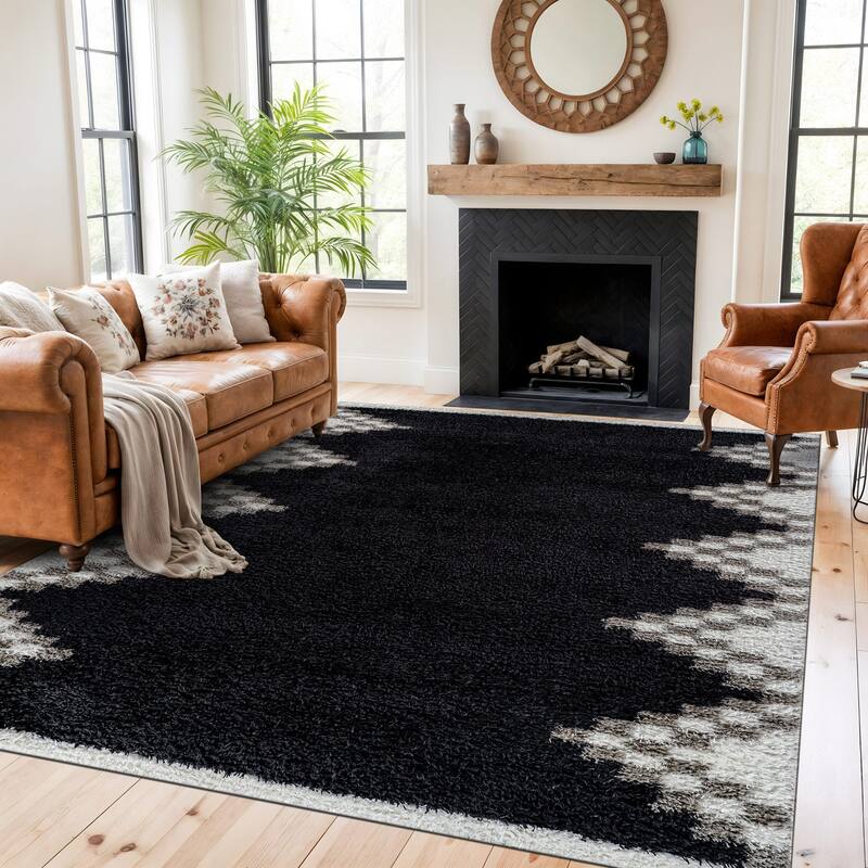 Geometric Shag Rug - Soft & Stylish - Anthracite Dark Gray - Medium Pile, Easy to Clean - 7' 10" x 10'