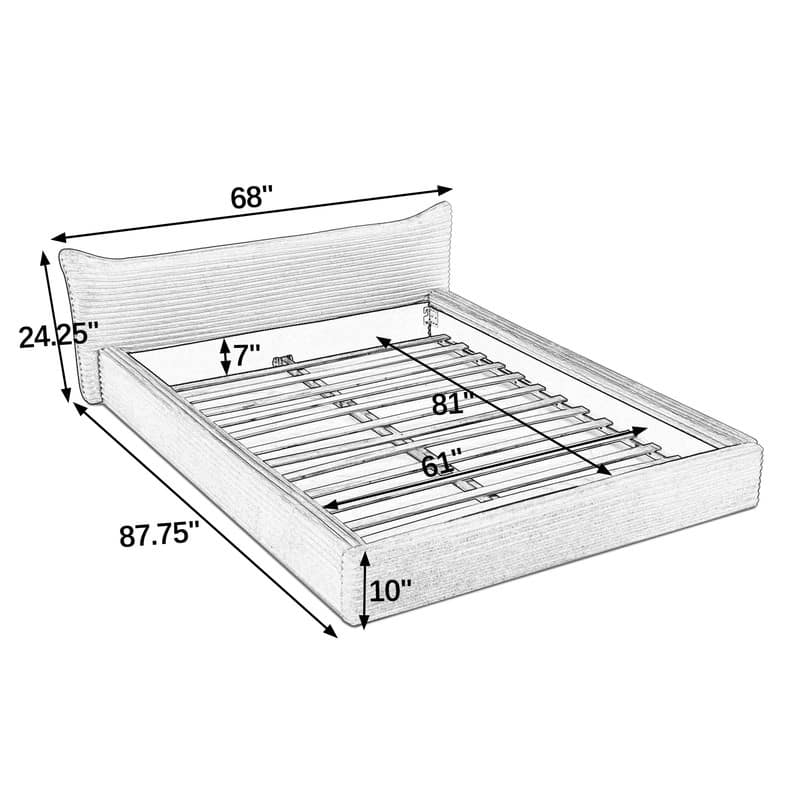 Queen Size Velvet Upholstered Bed Frame - Solid Wood Platform Base With Decorative Curved Headboard, No Box Spring Needed