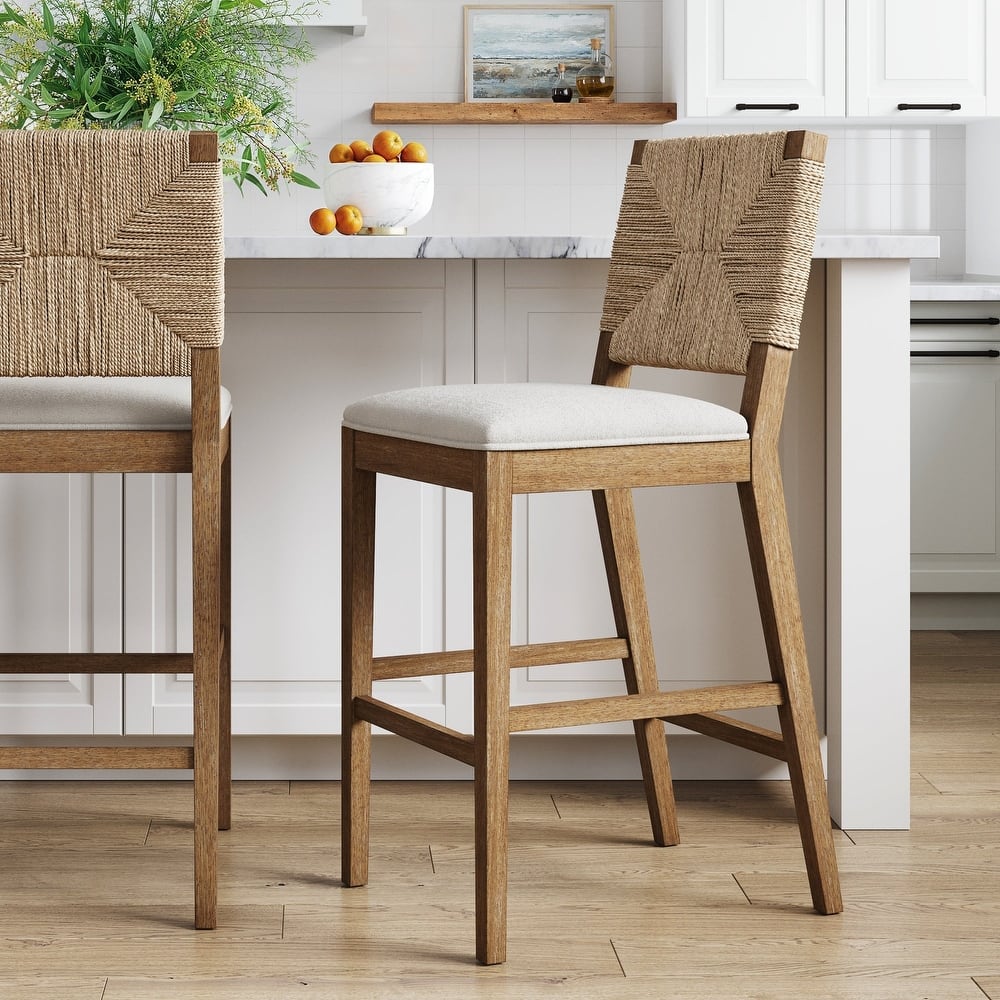 Beacon Bohemian Boucle Bar Stool, Upholstered Counter Height Chair with Solid Wood Frame and Woven Seagrass Back
