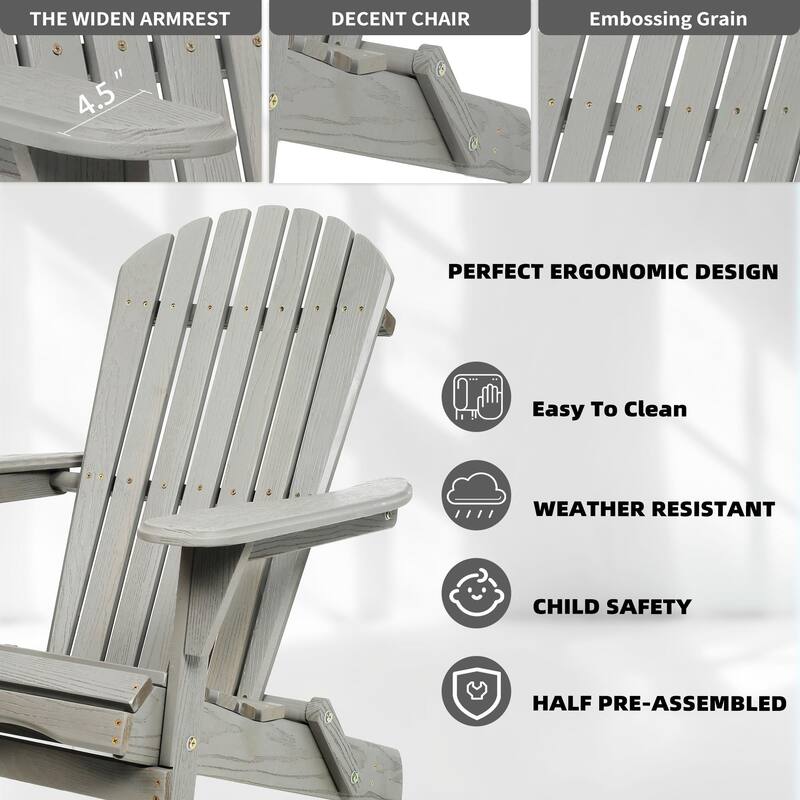 Foldable Wood Patio Adirondack Chair, Classic Outdoor Chair with Pre-Assembled Backrest, Easy Assembly