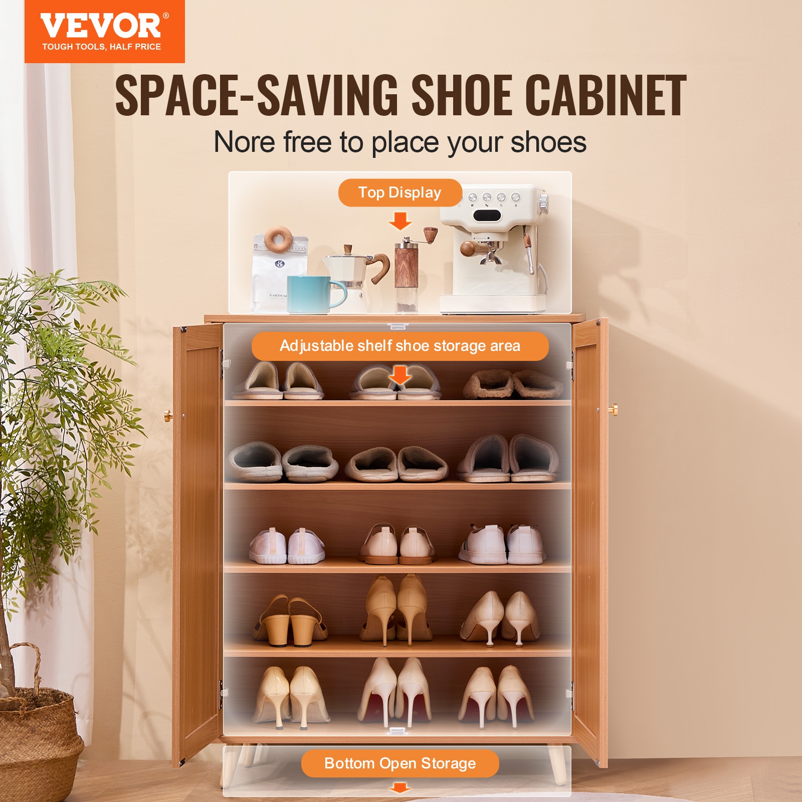 VEVOR Rattan Shoe Cabinet 5 Tiers Shoe Storage Organizer with 2 Doors and Adjustable Shelves 40.35 Tall Rattan Shoe Storage Entryway Cabinet