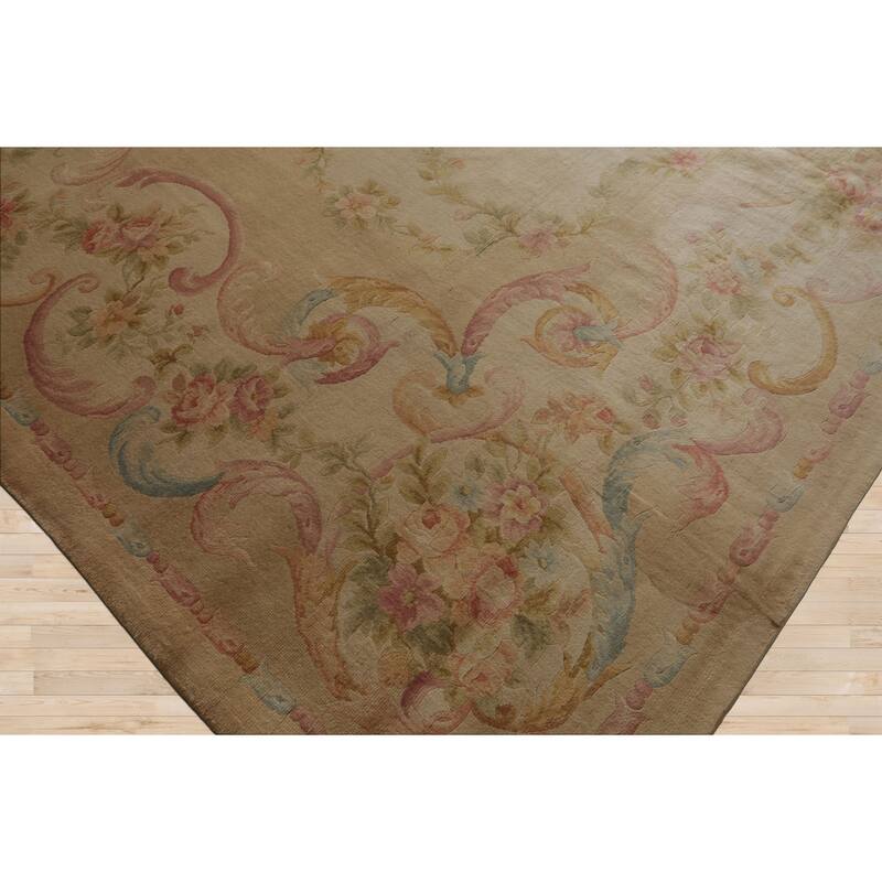 12x18 Hand Knotted Beige Silk Traditional Plush Pile Aubusson Savonnerie Rug - 12' x 18'