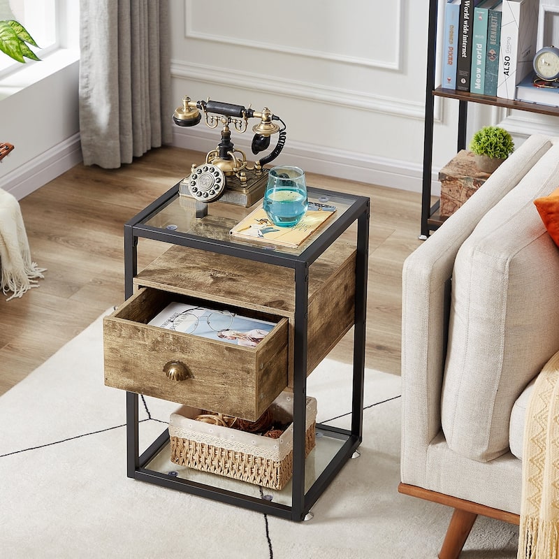 VECELO, Modern 1-Drawer Nightstand with 2-tier Glass Shelves