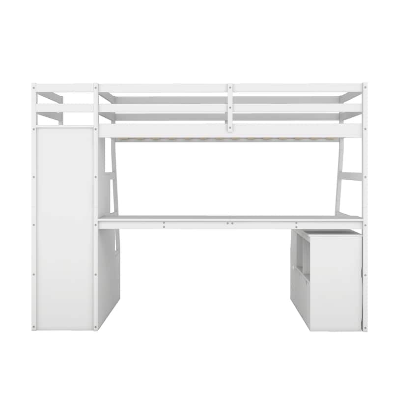 Twin Size Loft Bed with 7 Drawers 2 Shelves and Desk - White