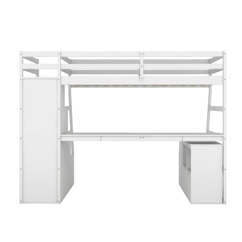 Twin Size Loft Bed with Drawers, Shelves, and Desk in White