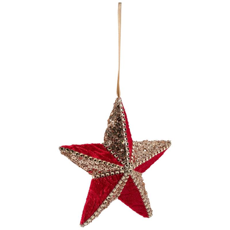 Sequined and Velveteen 5-Point Star Christmas Ornament - 6" - Gold and Red