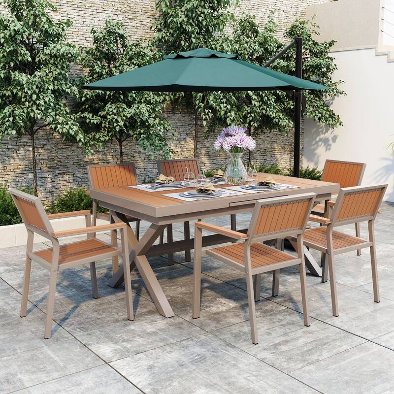 Modern Outdoor 7-piece Dining Set with Six Chairs and a Extendable Table for Patio - Camel