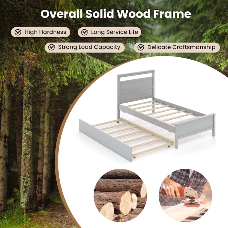 Costway Twin Size Platform Bed with Trundle Pull-out Trundle Headboard