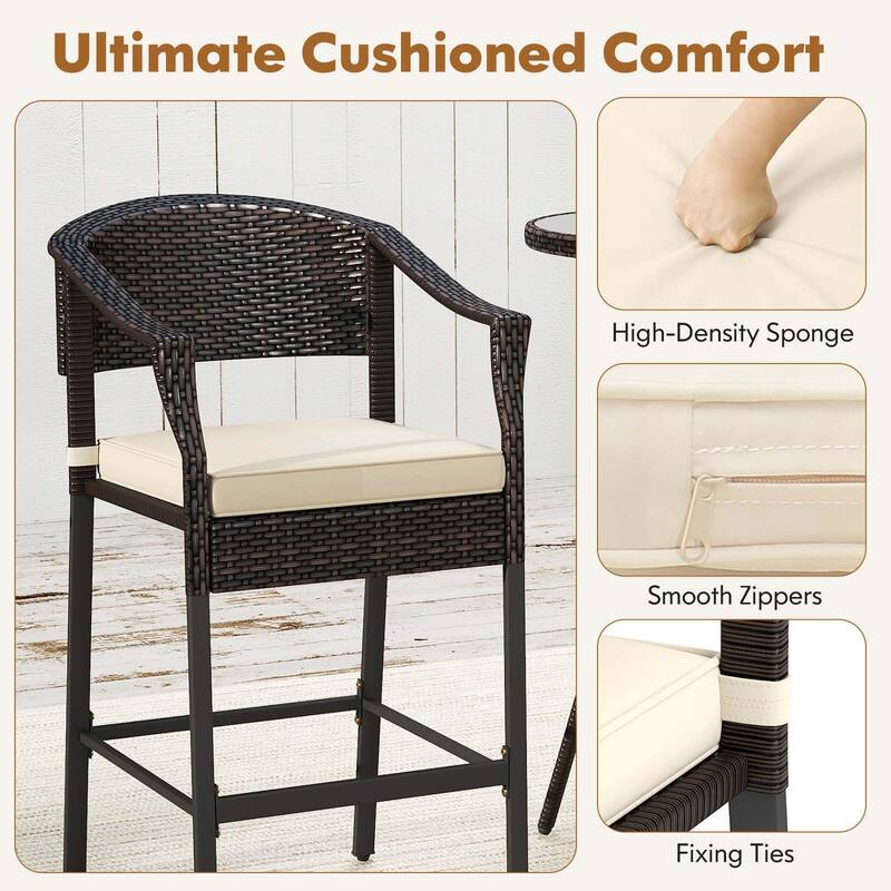 Costway 3 PCS Patio Rattan Bar Set Wicker Armchairs & Round Table with - See Details