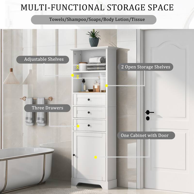 Tall Storage Cabinet with 3 Drawers and Adjustable Shelves for Bathroom, Kitchen and Living Room, MDF Board with Painted Finish