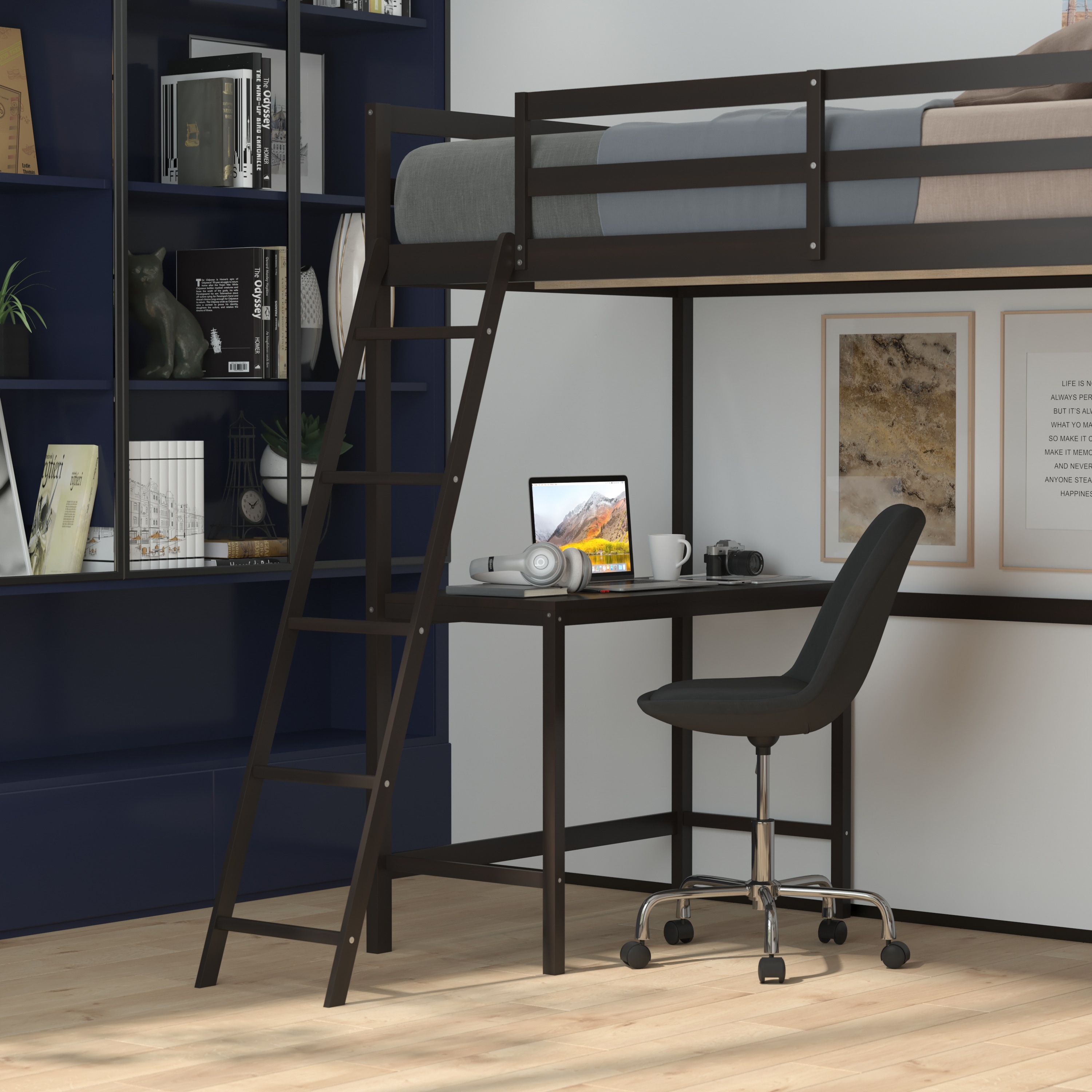 Traditional Wood Slat Loft Bed with Integrated Desk Ladder Bed