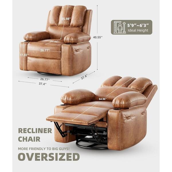 dimension image slide 11 of 15, Oversized power recliner with heat, massage, 360 degrees swivel, and cup holder.