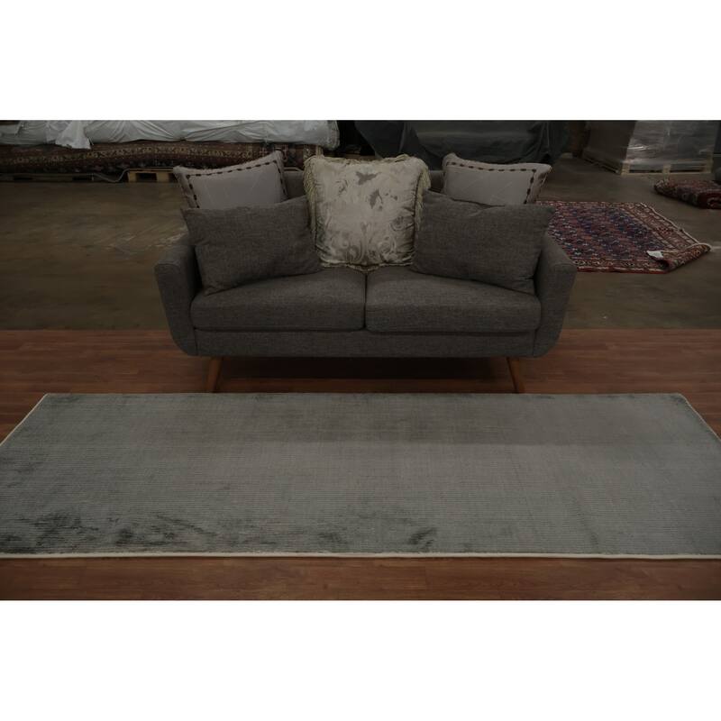 Hand Knotted Oriental Silk Carpet Modern Contemporary Greys & Charcoal Contemporary Runner Rug - 9' 0'' X 3' 1''