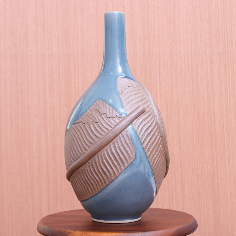 Novica Handmade Blue Banana Celadon Ceramic Vase