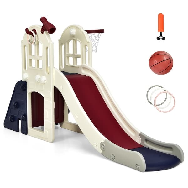 slide 2 of 8, 6-In-1 Slide for Kids Toddler Climber Slide Playset w/ Basketball Hoop
