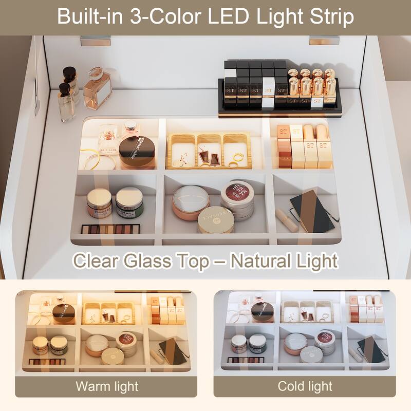 Flip-top Vanity Table,Mini Vanity,Mirror-integrated Dressing Table,All-in-one Storage Cabinet,Makeup Vanity Set with Stool