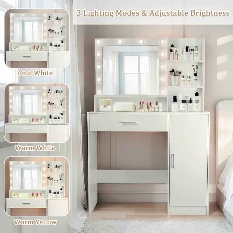 Modern Makeup Vanity with Mirror and Storage Cabinet, 3 Lighting Modes for Bedroom